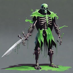 A fierce skeleton barbarian stands tall, his bony frame covered in a glistening, slime-like suit that coats his entire body