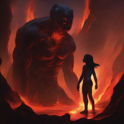 A young man is half-submerged in lava but holds a girl's hand to prevent himself from sinking completely