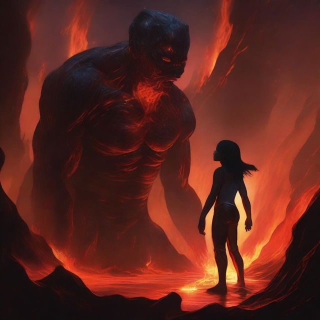 A young man is half-submerged in lava but holds a girl's hand to prevent himself from sinking completely