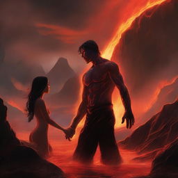 A young man is half-submerged in lava but holds a girl's hand to prevent himself from sinking completely