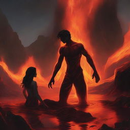 A young man is half-submerged in lava but holds a girl's hand to prevent himself from sinking completely