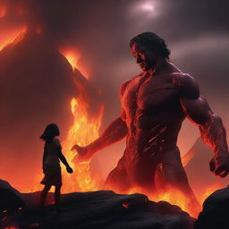 A young man is half-submerged in lava but holds a girl's hand to prevent himself from sinking completely