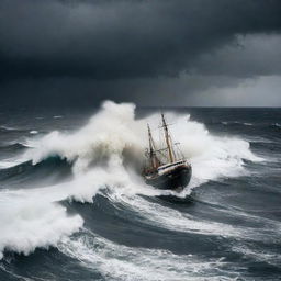 A robust seafaring boat fiercely navigating through a tumultuous storm, with powerful waves crashing against the sides and dark, ominous clouds looming overhead.