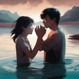 A young man is half-submerged in a dangerous substance, holding a girl's hand to prevent himself from sinking completely