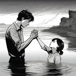 A young man is half-submerged in a dangerous substance but holds a girl's hand to prevent himself from sinking completely