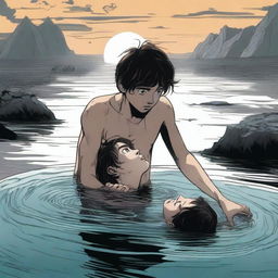 A young man is half-submerged in a dangerous substance but holds a girl's hand to prevent himself from sinking completely