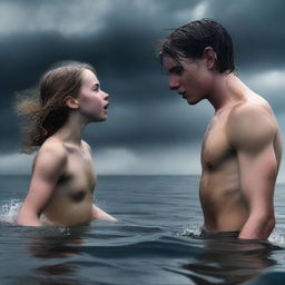 A young man is drowning but holds a girl's hand to prevent himself from sinking completely