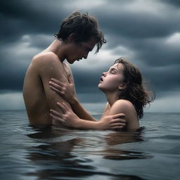 A young man is drowning but holds a girl's hand to prevent himself from sinking completely