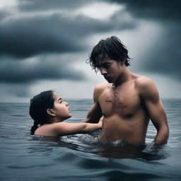 A young man is drowning but holds a girl's hand to prevent himself from sinking completely