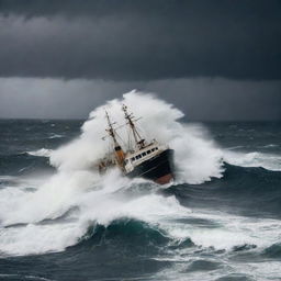 A robust seafaring boat fiercely navigating through a tumultuous storm, with powerful waves crashing against the sides and dark, ominous clouds looming overhead.