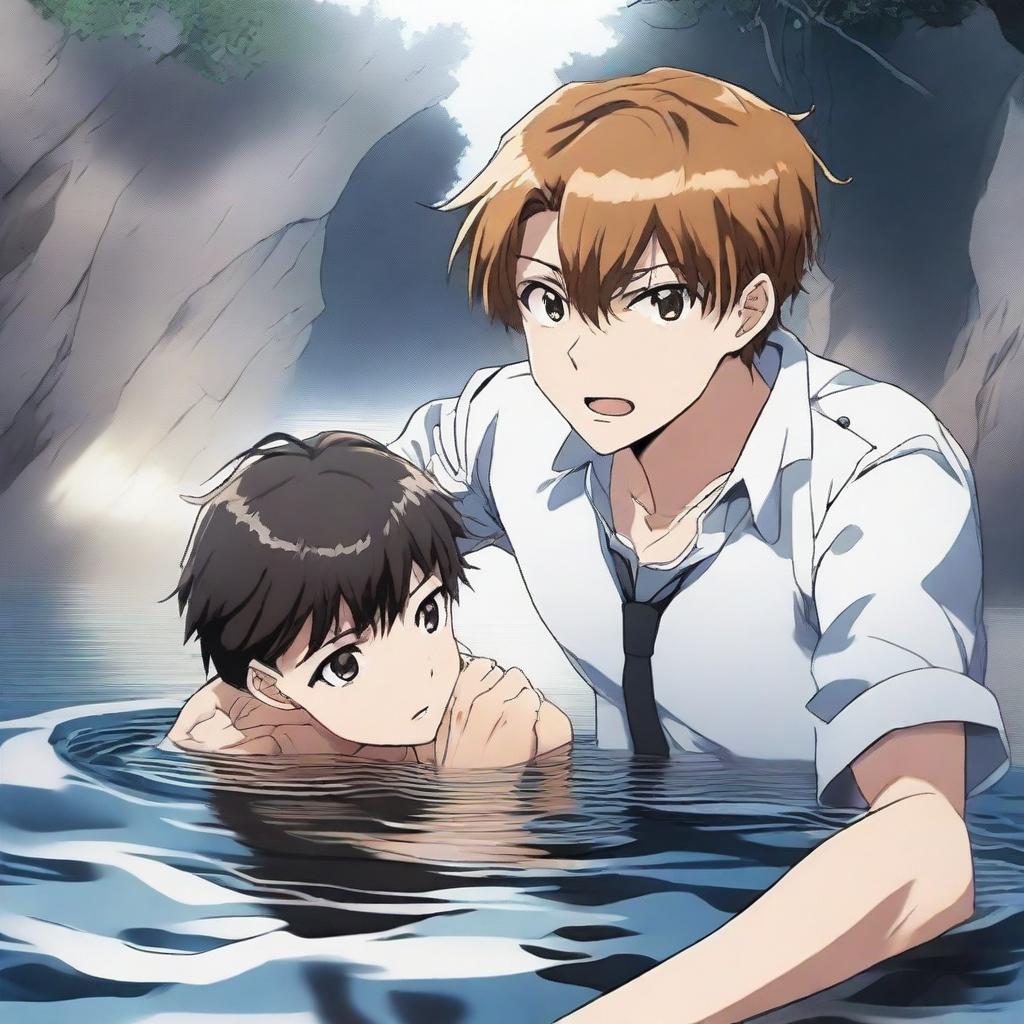 An anime-style scene where a young man is sinking but holds a girl's hand to prevent himself from sinking completely