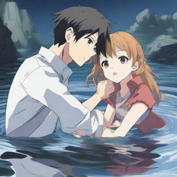 An anime-style scene where a young man is sinking but holds a girl's hand to prevent himself from sinking completely