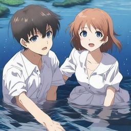 An anime-style scene where a young man is sinking but holds a girl's hand to prevent himself from sinking completely