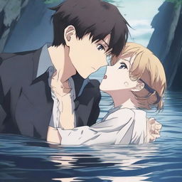 An anime-style scene where a young man is sinking but holds a girl's hand to prevent himself from sinking completely