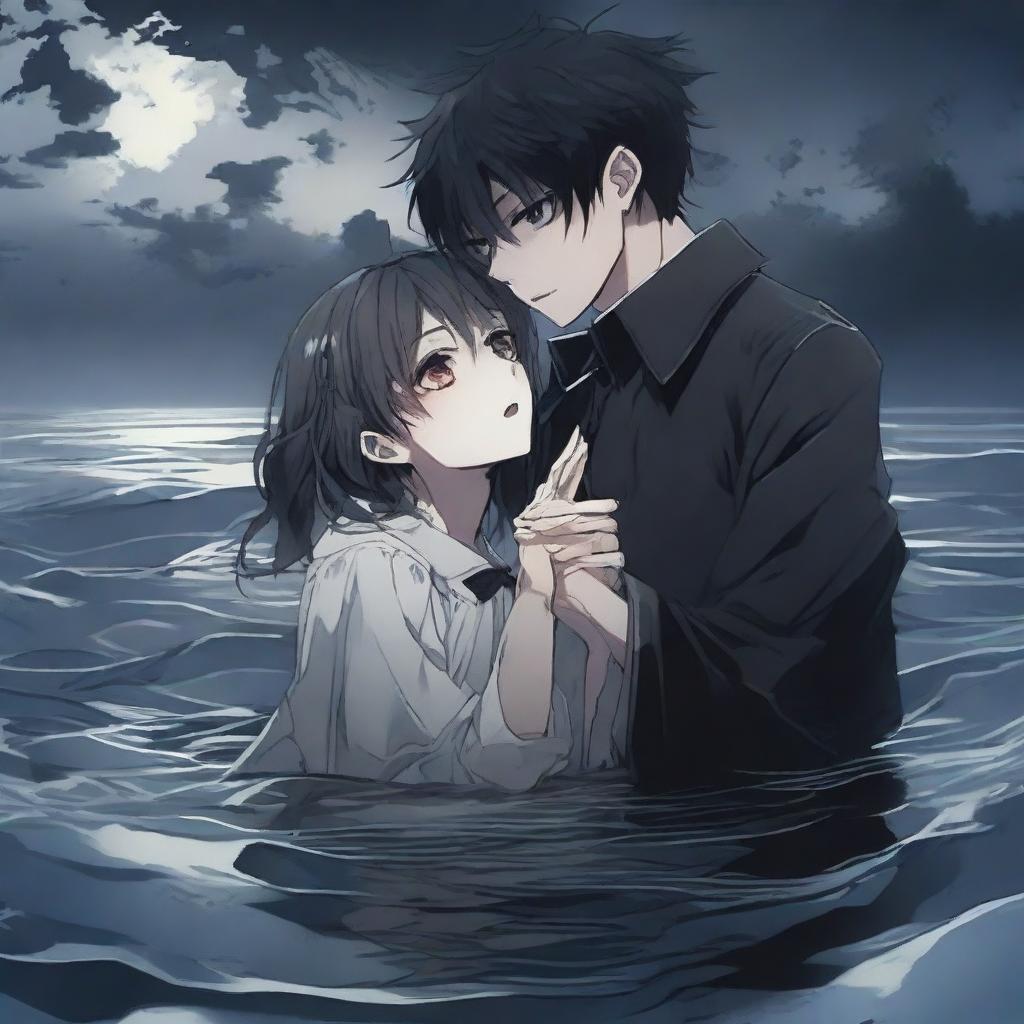 An anime-style gothic scene where a young man is drowning but holds a girl's hand to prevent himself from sinking completely