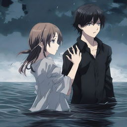 An anime-style gothic scene where a young man is drowning but holds a girl's hand to prevent himself from sinking completely