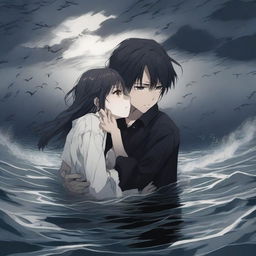 An anime-style gothic scene where a young man is drowning but holds a girl's hand to prevent himself from sinking completely