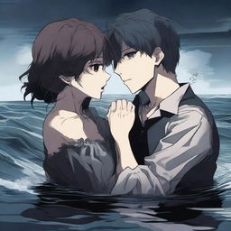 An anime-style gothic scene where a young man is drowning but holds a girl's hand to prevent himself from sinking completely