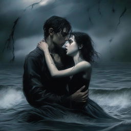 A gothic-style scene where a young man is drowning but holds a girl's hand to prevent himself from sinking completely