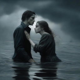 A gothic-style scene where a young man is drowning but holds a girl's hand to prevent himself from sinking completely