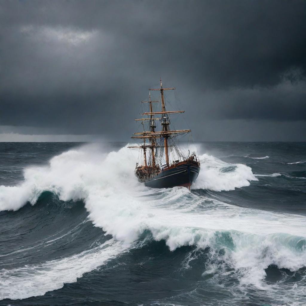 A robust seafaring boat fiercely navigating through a tumultuous storm, with powerful waves crashing against the sides and dark, ominous clouds looming overhead.