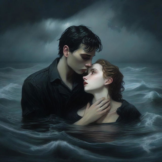 A gothic-style scene where a young man is drowning but holds a girl's hand to prevent himself from sinking completely