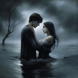 A gothic-style scene where a young man is drowning but holds a girl's hand to prevent himself from sinking completely