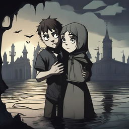 A young man is sinking but holds a girl's hand to prevent himself from sinking completely, depicted in a Gothic 3D cartoon style