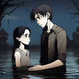 A young man is sinking but holds a girl's hand to prevent himself from sinking completely, depicted in a Gothic 3D cartoon style