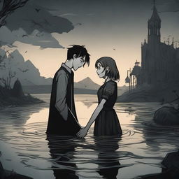 A young man is sinking but holds a girl's hand to prevent himself from sinking completely, depicted in a Gothic 3D cartoon style