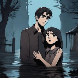 A young man is sinking but holds a girl's hand to prevent himself from sinking completely, depicted in a Gothic 3D cartoon style