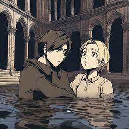 A young man is sinking but holds a girl's hand to prevent himself from sinking completely