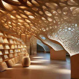 A parametrically designed library inspired by brain frequencies; with bookshelves representing brain waves, alpha, beta, and theta waves represented through unique geometric patterns imbued into the structure.