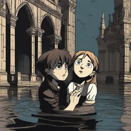 A young man is sinking but holds a girl's hand to prevent himself from sinking completely