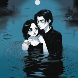 A Gothic 3D cartoon-style scene where a young man is sinking but holds a girl's hand to prevent himself from sinking completely