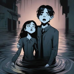 A Gothic 3D cartoon-style scene where a young man is sinking but holds a girl's hand to prevent himself from sinking completely