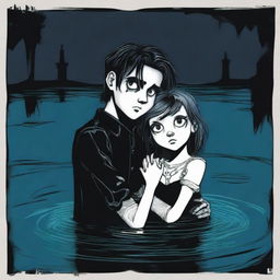 A Gothic 3D cartoon-style scene where a young man is sinking but holds a girl's hand to prevent himself from sinking completely