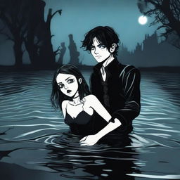 A Gothic 3D cartoon-style scene where a young man is sinking but holds a girl's hand to prevent himself from sinking completely