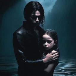 In a 3D animated gothic style, a young man holds a girl's hand to prevent himself from sinking completely