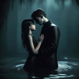 In a 3D animated gothic style, a young man holds a girl's hand to prevent himself from sinking completely