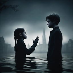 In a 3D animated gothic style, a young man holds a girl's hand to prevent himself from sinking completely