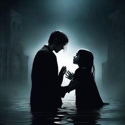 In a 3D animated gothic style, a young man holds a girl's hand to prevent himself from sinking completely