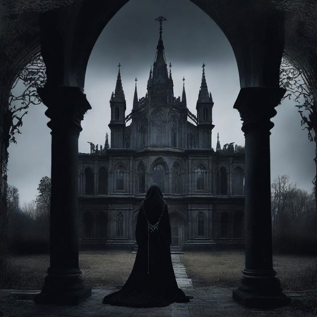 A gothic-style muse, with dark and intricate clothing, is depicted in a dramatic and haunting pose