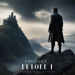 A captivating movie poster featuring a heroic character standing on a cliff, overlooking a vast and mysterious landscape with dramatic clouds and a distant castle