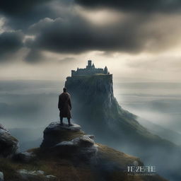 A captivating movie poster featuring a heroic character standing on a cliff, overlooking a vast and mysterious landscape with dramatic clouds and a distant castle