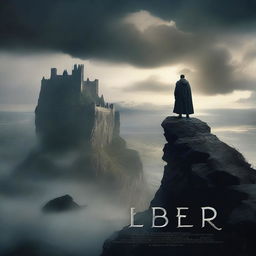 A captivating movie poster featuring a heroic character standing on a cliff, overlooking a vast and mysterious landscape with dramatic clouds and a distant castle