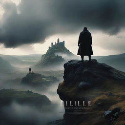 A captivating movie poster featuring a heroic character standing on a cliff, overlooking a vast and mysterious landscape with dramatic clouds and a distant castle