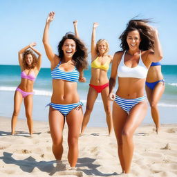 A group of women wearing bikinis performing aerobics on a sunny beach