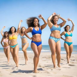 A group of women wearing bikinis performing aerobics on a sunny beach