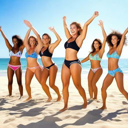 A group of women wearing bikinis performing aerobics on a sunny beach